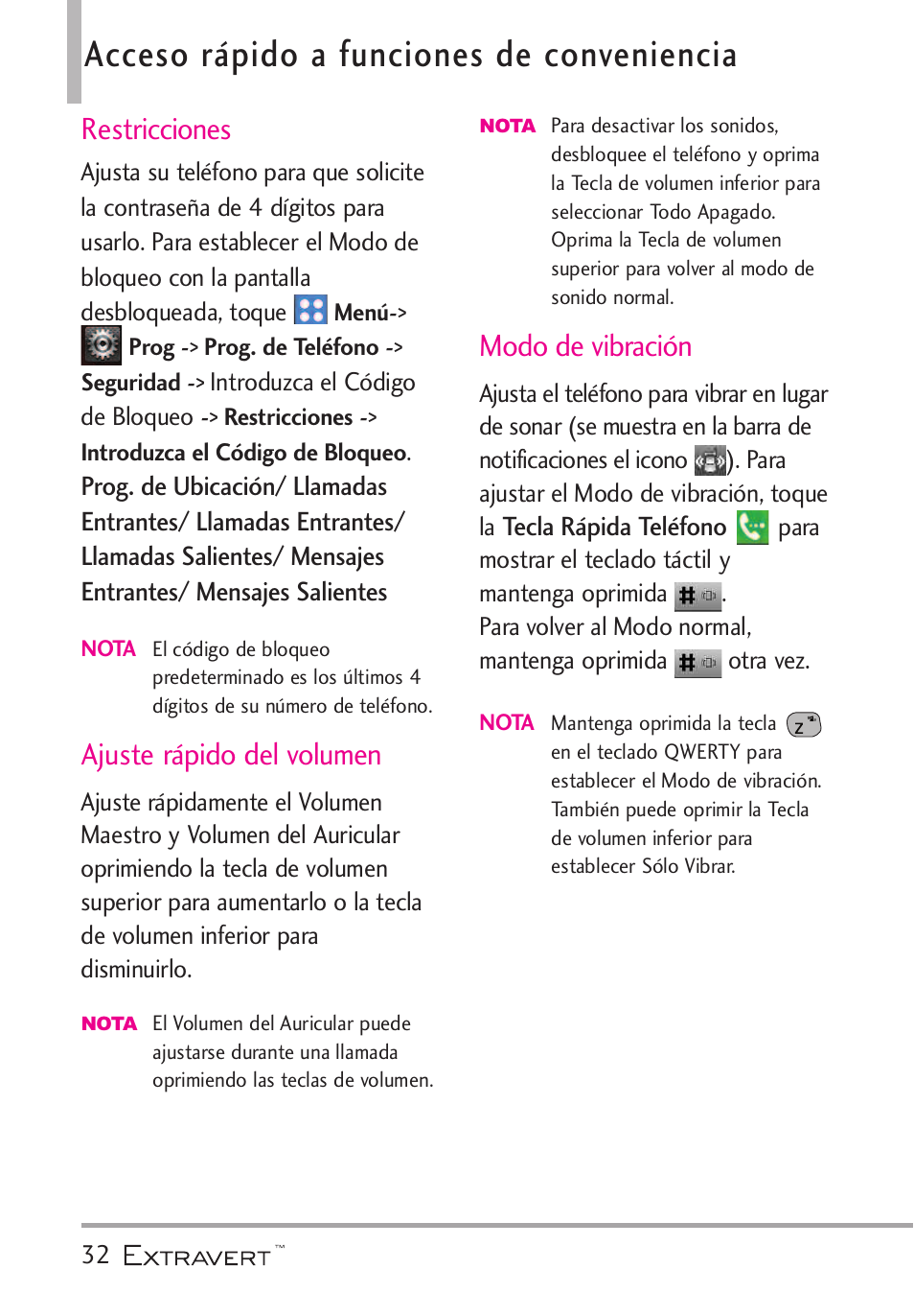 Acceso r?ido a funciones de, Restricciones, Ajuste r?ido del volumen | Modo de vibraci, Acceso rápido a funciones de conveniencia, Ajuste rápido del volumen, Modo de vibración | LG VN271 User Manual | Page 164 / 270