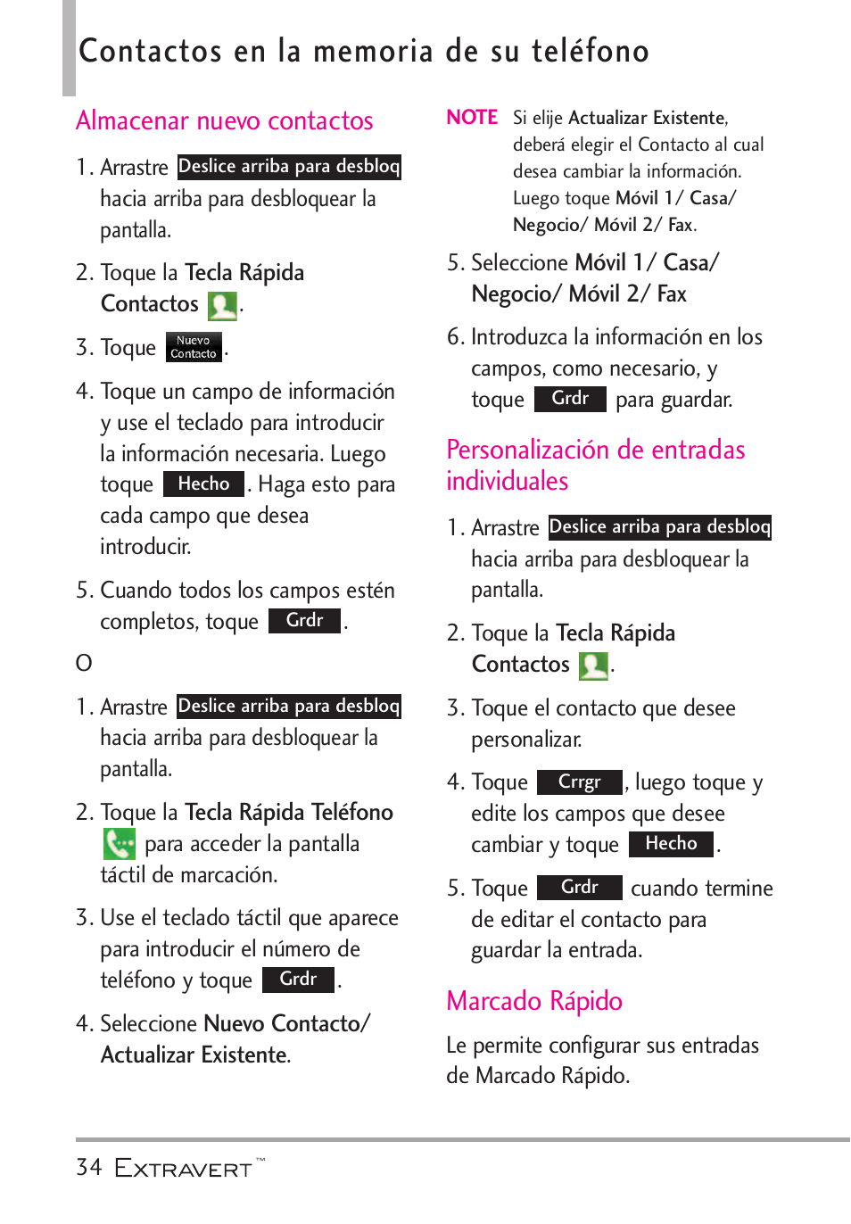 Contactos en la memoria de s, Almacenar nuevo contactos, Personalizaci? de entradas | Marcado r?ido, Contactos en la memoria de su teléfono, Personalización de entradas individuales, Marcado rápido | LG VN271 User Manual | Page 166 / 270