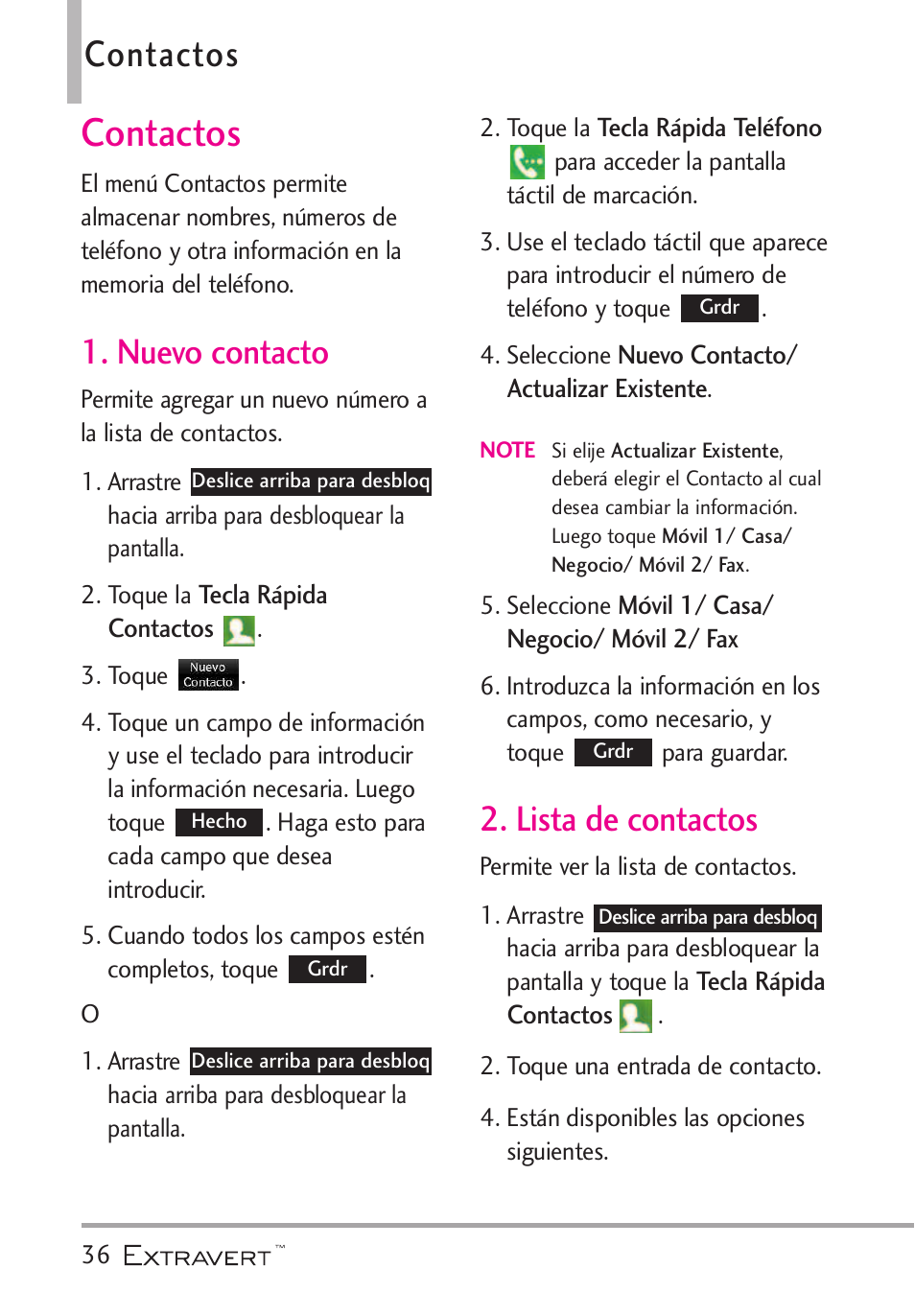 Contactos, Nuevo contacto, Lista de contactos | Nuevo contacto 2. lista de contactos | LG VN271 User Manual | Page 168 / 270