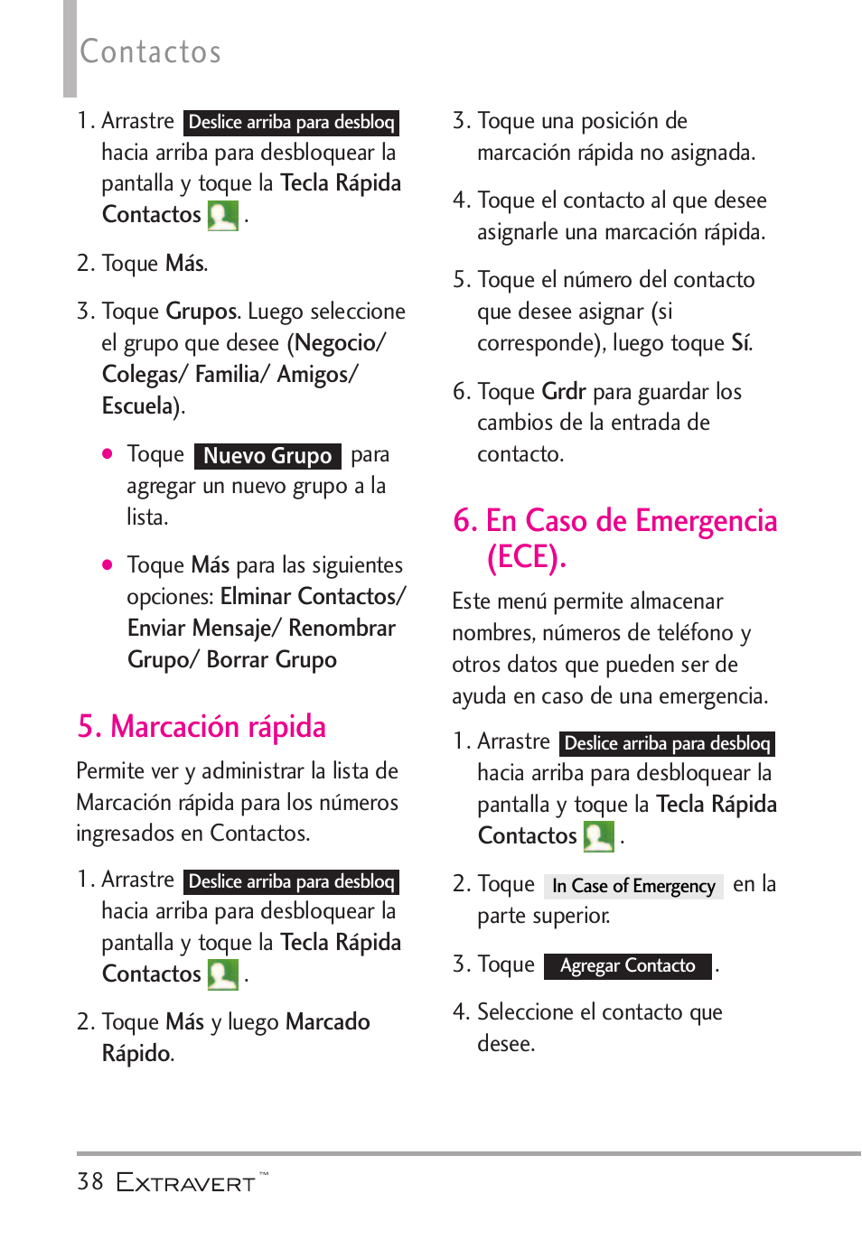 Marcaci? r?ida, En caso de emergencia, Marcación rápida 6. en caso de emergencia (ece) | Contactos, Marcación rápida, En caso de emergencia (ece) | LG VN271 User Manual | Page 170 / 270