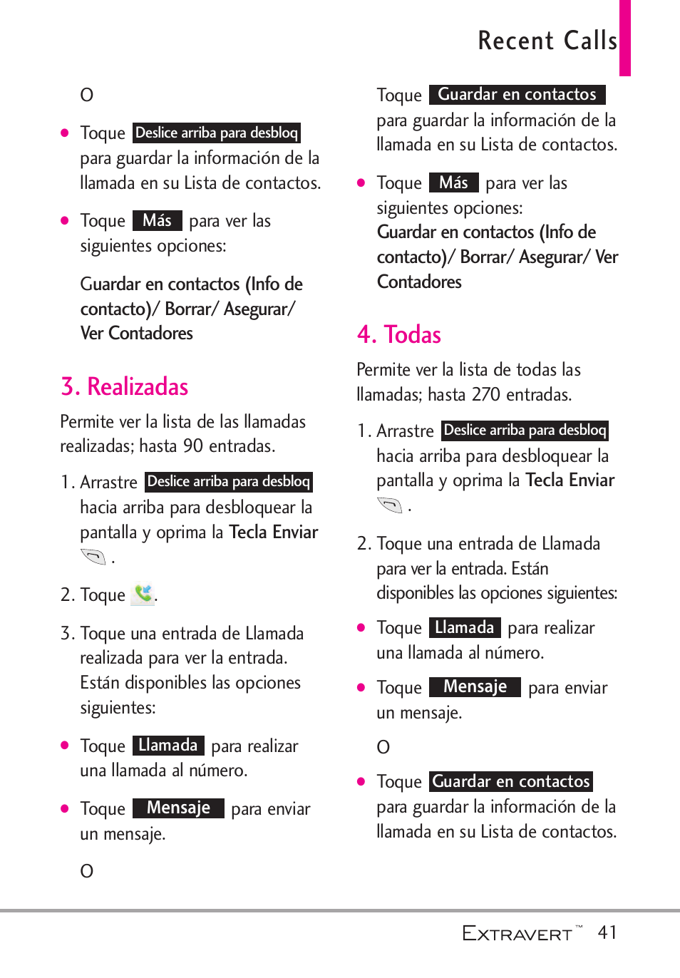 Realizadas, Todas, Realizadas 4. todas | Recent calls | LG VN271 User Manual | Page 173 / 270