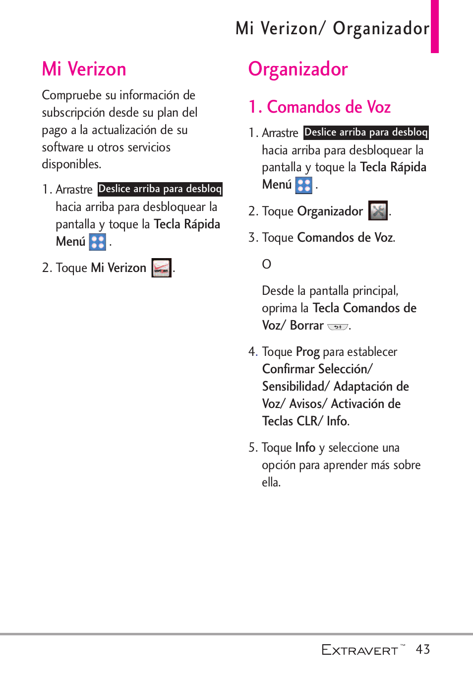 Mi verizon, Organizador, Comandos de voz | Mi verizon/ organizador | LG VN271 User Manual | Page 175 / 270