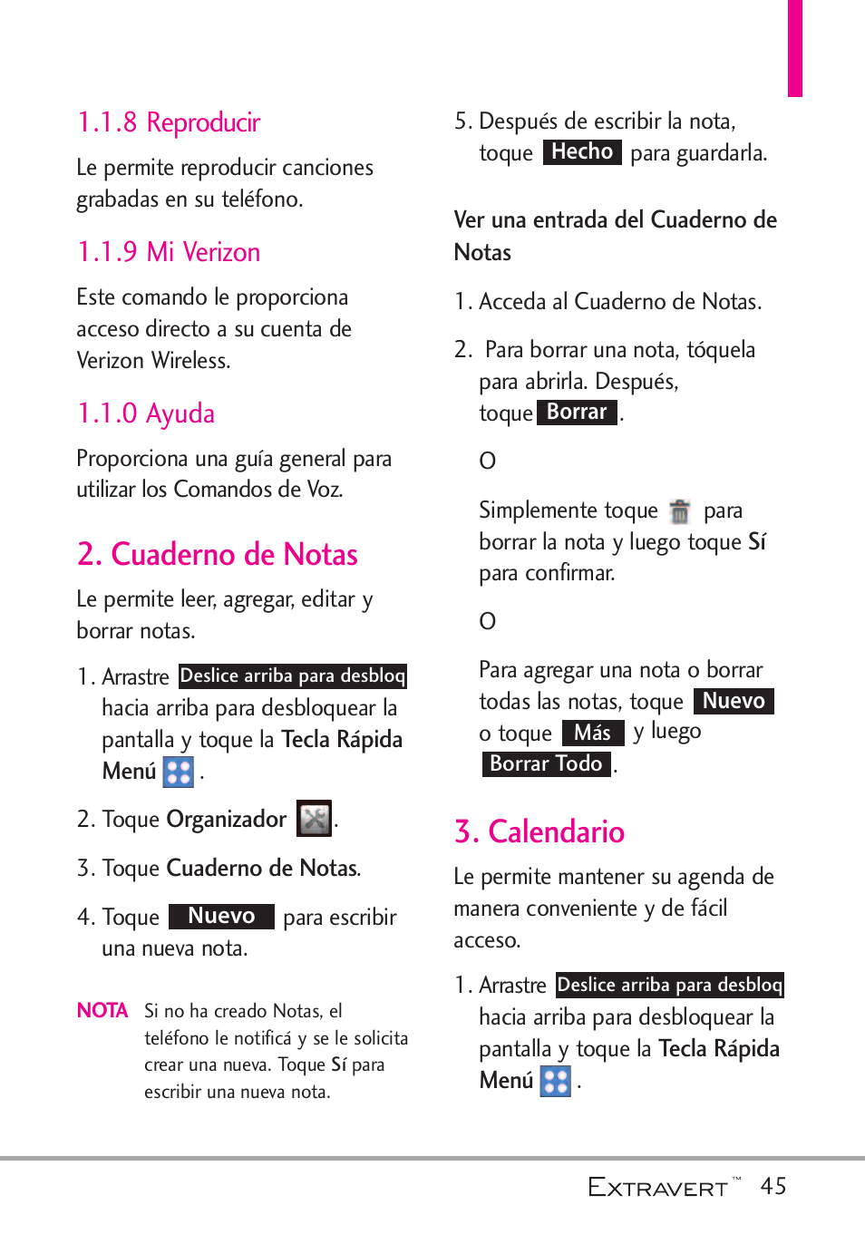 8 reproducir, 9 mi verizon, 0 ayuda | Cuaderno de notas, Ver una entrada del cuaderno, Calendario, Ver una entrada del cuaderno de notas | LG VN271 User Manual | Page 177 / 270