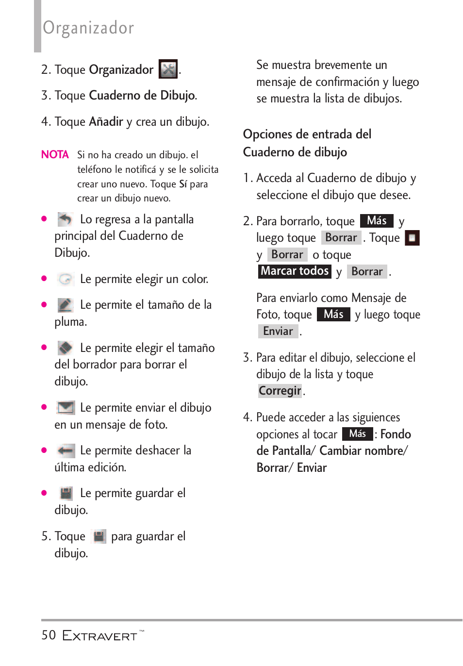 Opciones de entrada del cua, Opciones de entrada del cuaderno de dibujo, Organizador | LG VN271 User Manual | Page 182 / 270