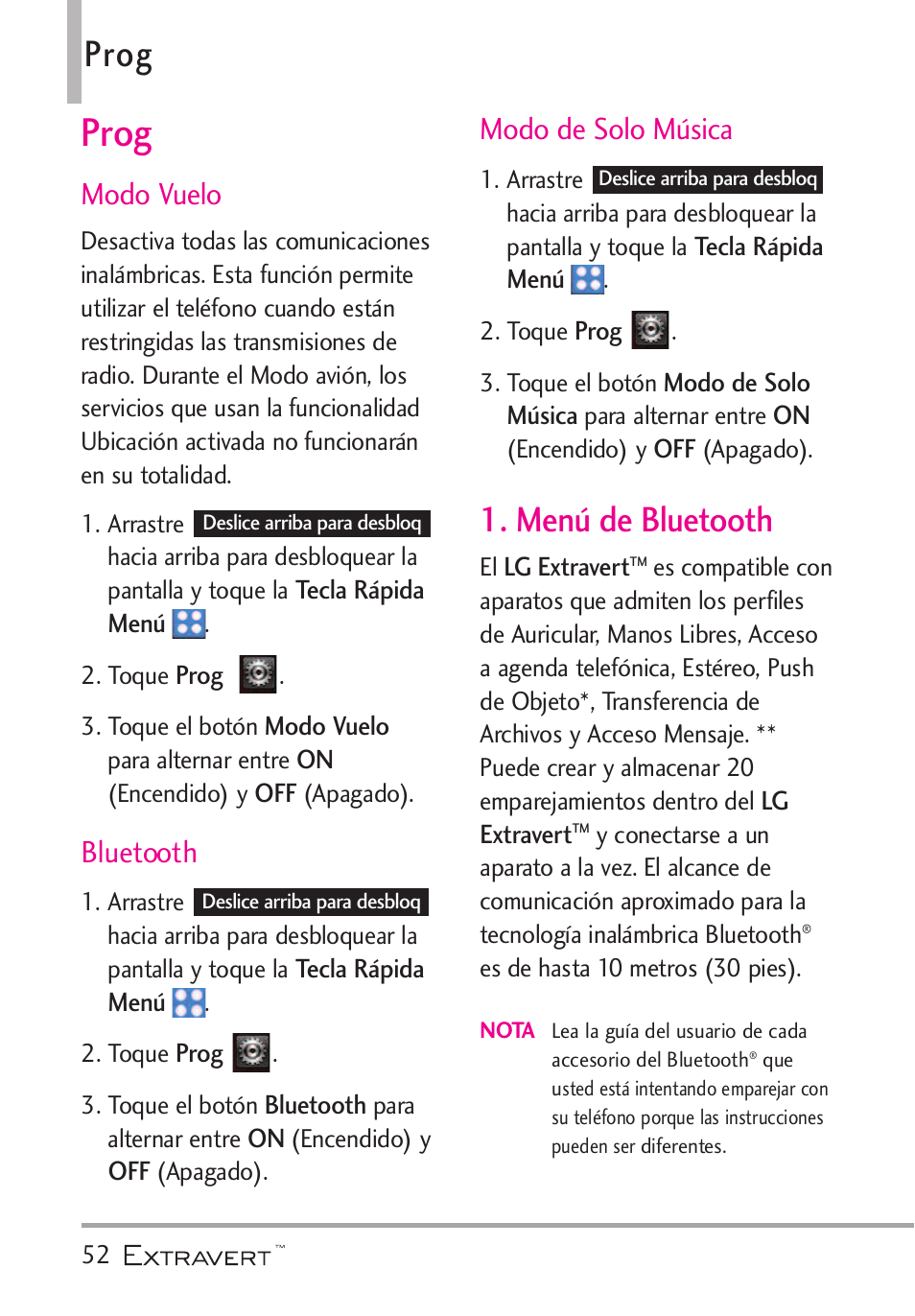 Prog, Men?de bluetooth, Menú de bluetooth | Modo vuelo, Bluetooth, Modo de solo música | LG VN271 User Manual | Page 184 / 270