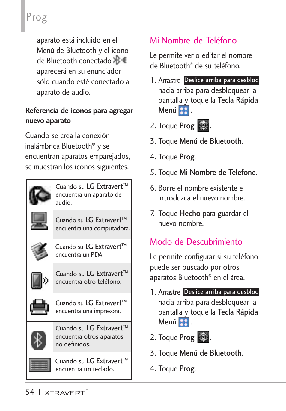 Mi nombre de tel?ono, Modo de descubrimiento, Mi nombre de teléfono | Prog | LG VN271 User Manual | Page 186 / 270