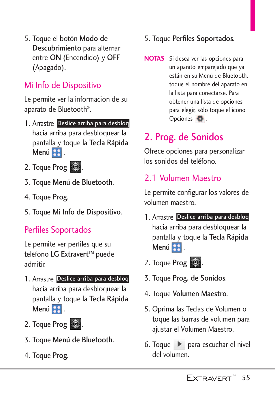 Mi info de dispositivo, Perfiles soportados, Prog. de sonidos | 1 volumen maestro | LG VN271 User Manual | Page 187 / 270