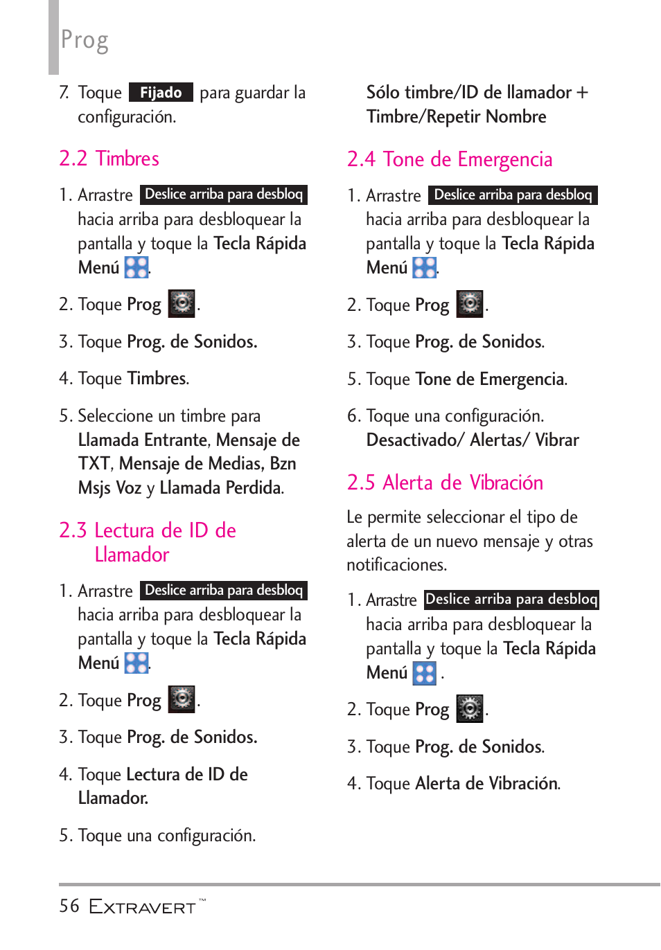 2 timbres, 3 lectura de id de llamador, 4 tone de emergencia | 5 alerta de vibraci, 5 alerta de vibración, Prog | LG VN271 User Manual | Page 188 / 270