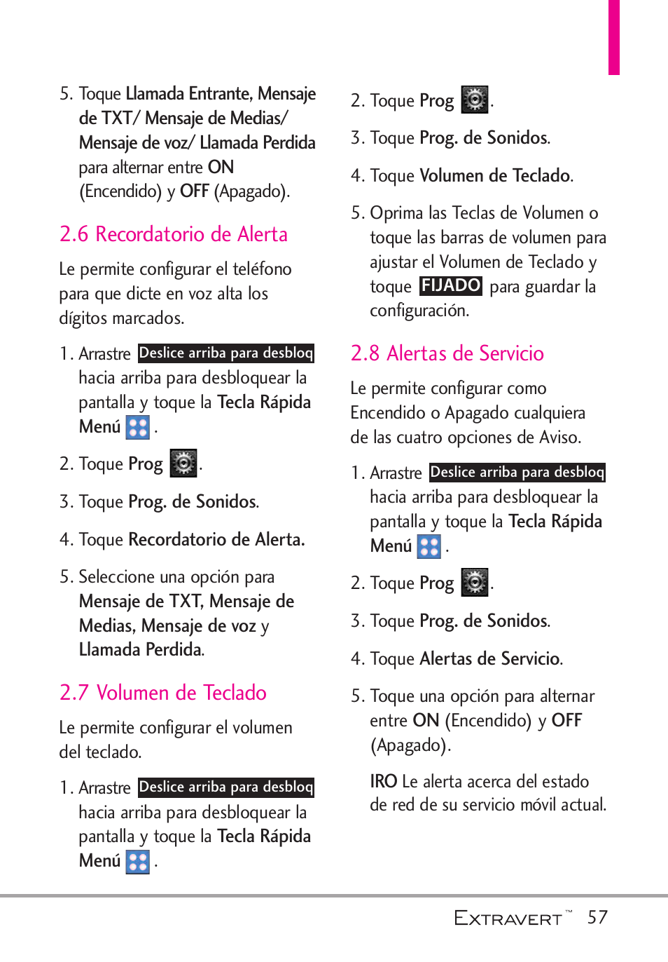 6 recordatorio de alerta, 7 volumen de teclado, 8 alertas de servicio | LG VN271 User Manual | Page 189 / 270