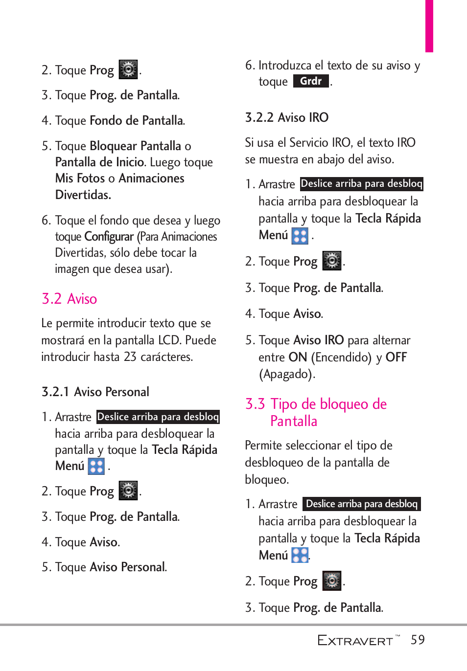 2 aviso, 1 aviso personal, 2 aviso iro | 3 tipo de bloqueo de pant, 1 aviso personal 3.2.2 aviso iro, 3 tipo de bloqueo de pantalla | LG VN271 User Manual | Page 191 / 270