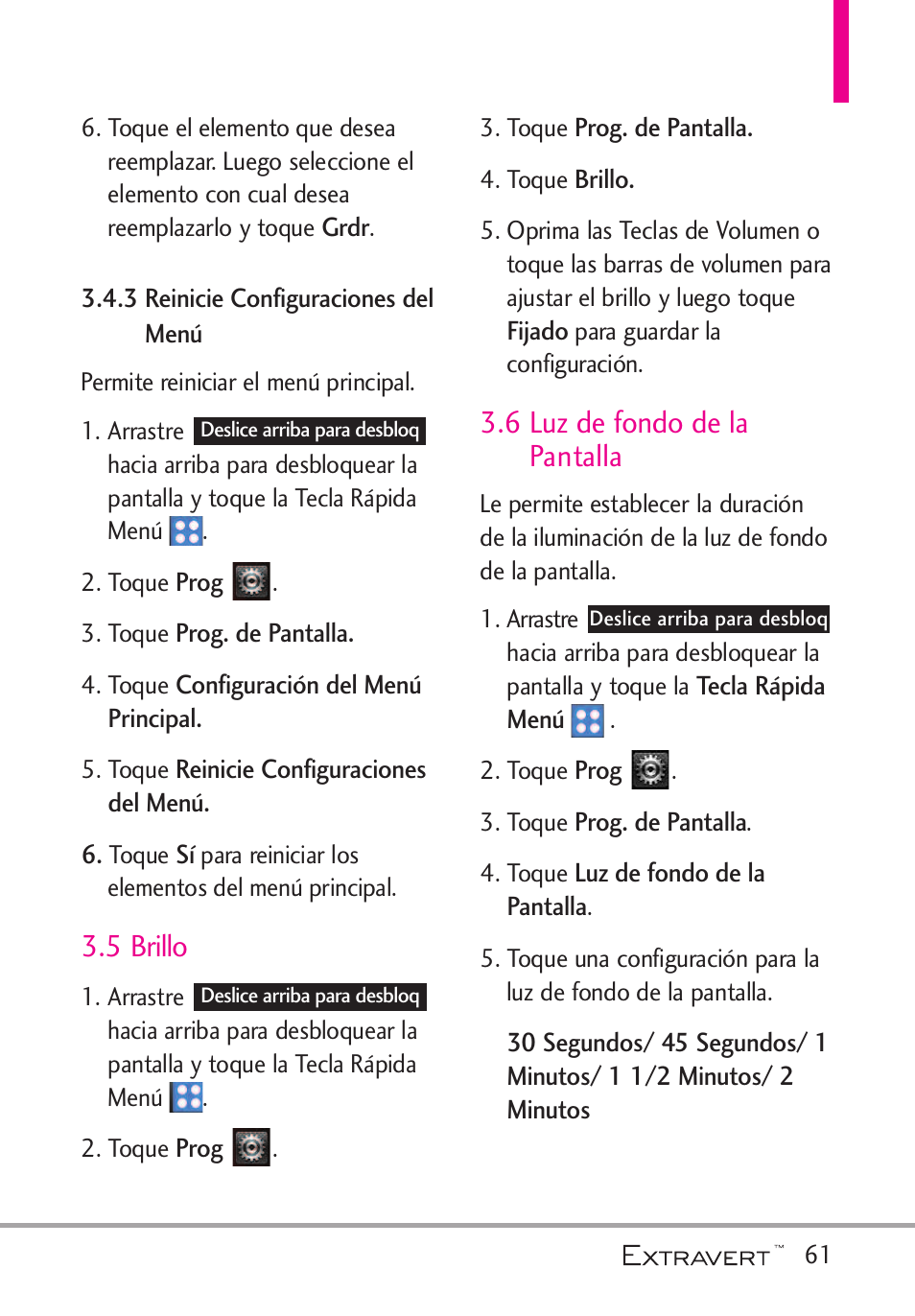 3 reinicie configuracio, 5 brillo, 6 luz de fondo de la pant | 3 reinicie configuraciones del, Menú, 6 luz de fondo de la pantalla | LG VN271 User Manual | Page 193 / 270