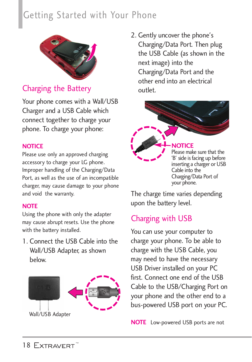 Charging the battery, Charging with usb, Getting started with your phone | LG VN271 User Manual | Page 20 / 270