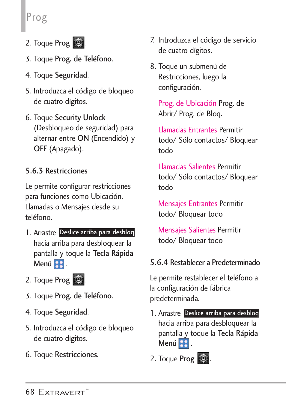 3 restricciones, 4 restablecer a predeter, Prog | LG VN271 User Manual | Page 200 / 270