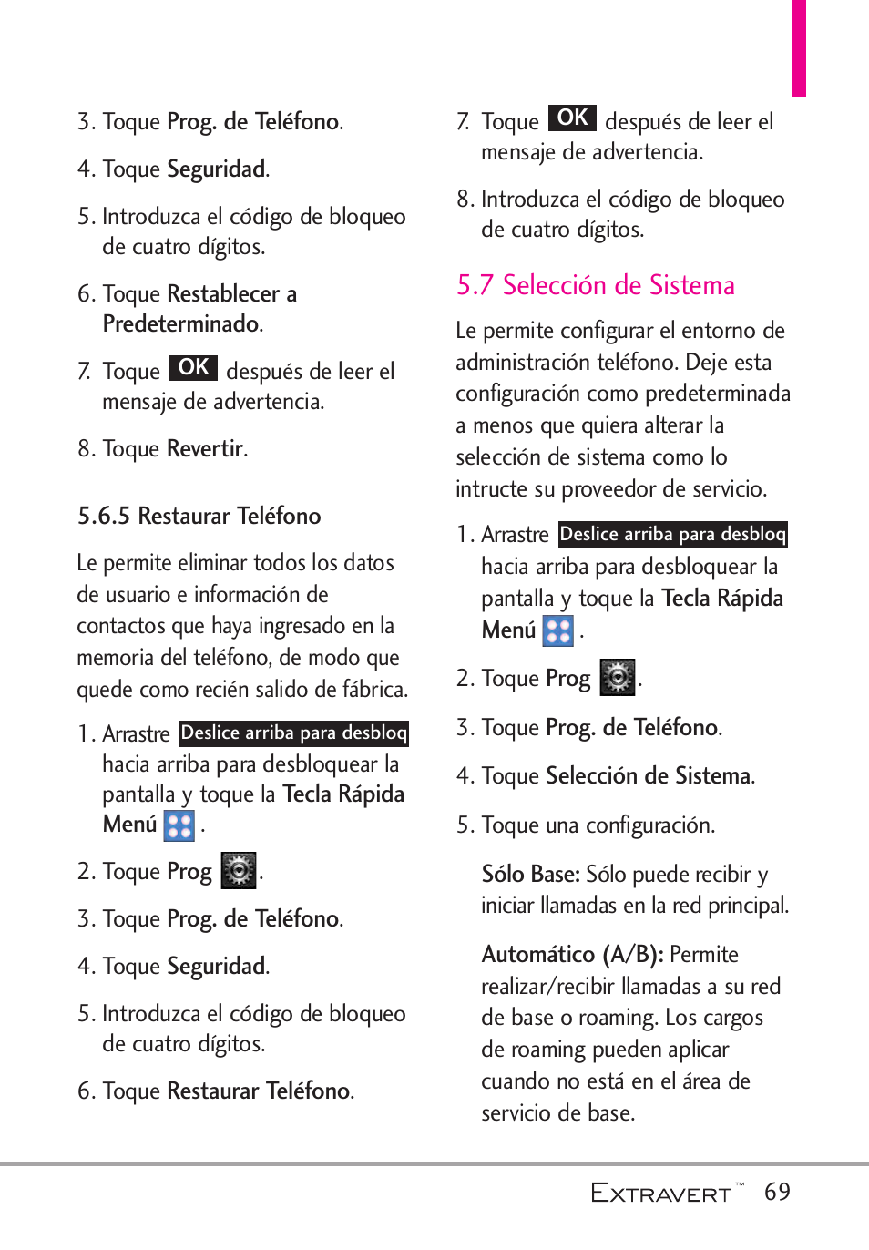 5 restaurar tel?ono, 7 selecci? de sistema, 5 restaurar teléfono | 7 selección de sistema | LG VN271 User Manual | Page 201 / 270