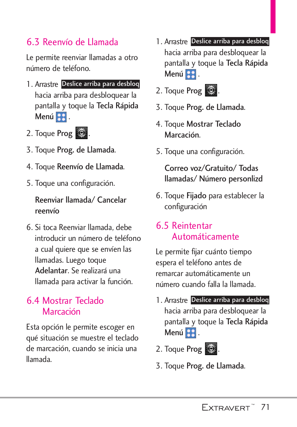 3 reenv? de llamada, 4 mostrar teclado marcaci, 5 reintentar autom?icamente | 3 reenvío de llamada, 4 mostrar teclado marcación, 5 reintentar automáticamente | LG VN271 User Manual | Page 203 / 270