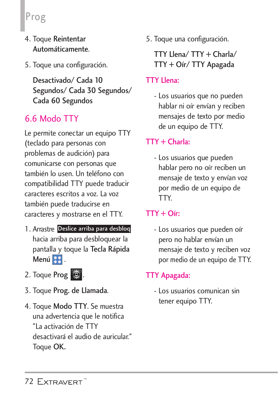 6 modo tty, Prog | LG VN271 User Manual | Page 204 / 270