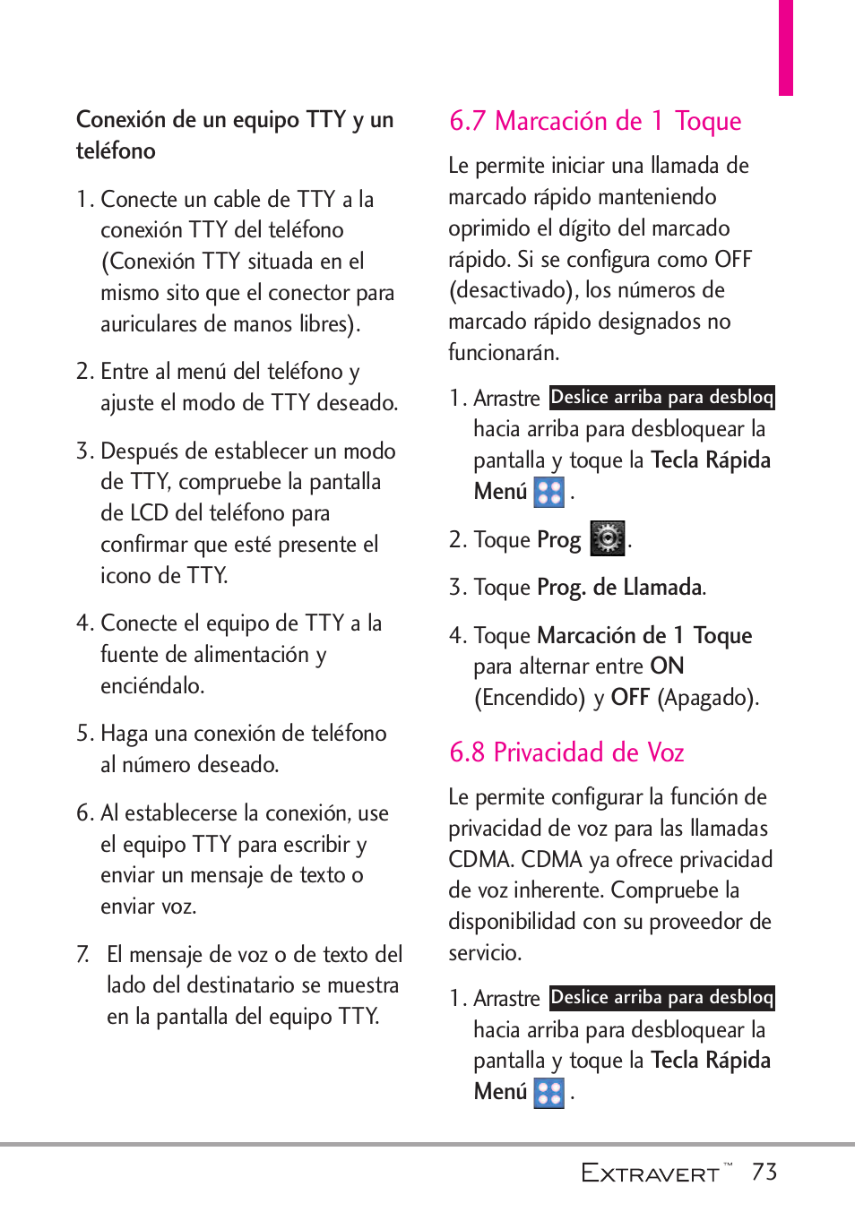 7 marcaci? de 1 toque, 8 privacidad de voz, 7 marcación de 1 toque | LG VN271 User Manual | Page 205 / 270