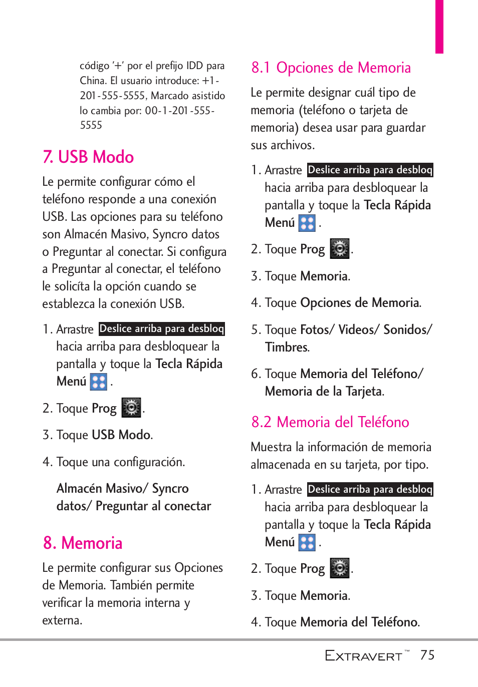 Usb modo, Memoria, 1 opciones de memoria | 2 memoria del tel?ono, Usb modo 8. memoria, 2 memoria del teléfono | LG VN271 User Manual | Page 207 / 270