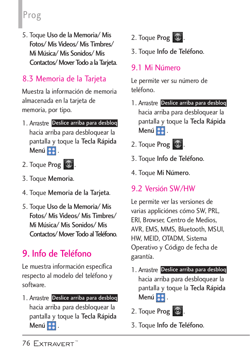 3 memoria de la tarjeta, Info de tel?ono, 1 mi n?ero | 2 versi? sw/hw, Info de teléfono, 1 mi número, 2 versión sw/hw, Prog | LG VN271 User Manual | Page 208 / 270