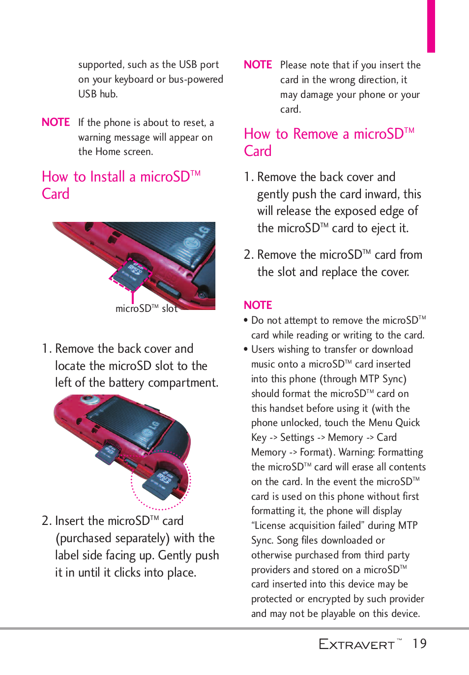 How to install a microsdtm card, How to remove a microsdtm card, How to remove a microsdtm card .19 | How to install a microsd, Card, How to remove a microsd, Card to eject it. 2. remove the microsd, Card from the slot and replace the cover | LG VN271 User Manual | Page 21 / 270