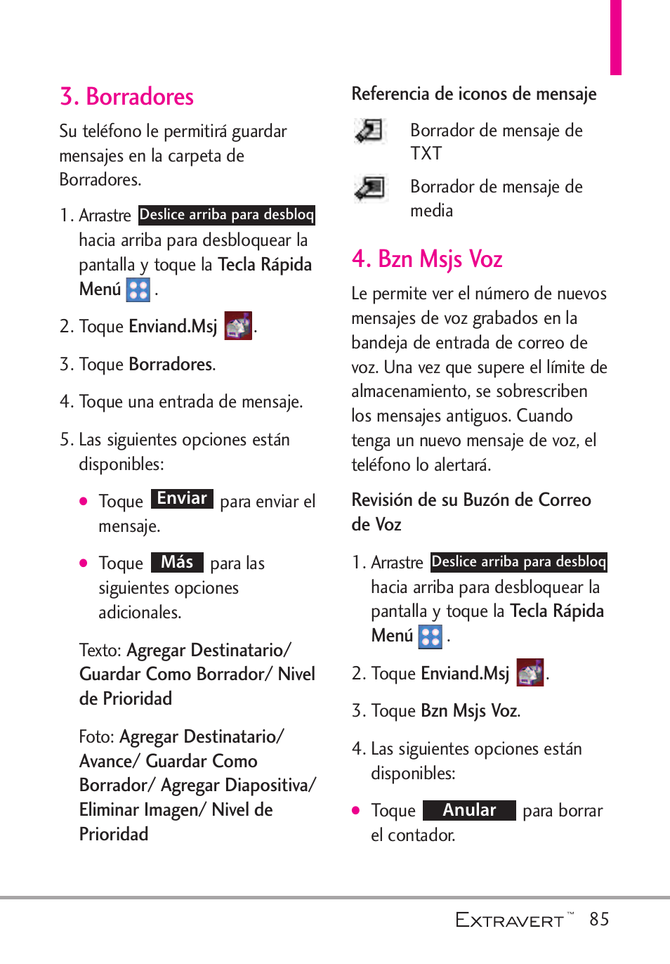 Borradores, Bzn msjs voz, Borradores 4. bzn msjs voz | LG VN271 User Manual | Page 217 / 270