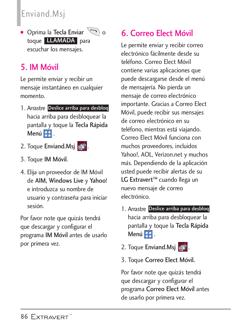 Im m?il, Correo elect m?il, Im móvil 6. correo elect móvil | Enviand.msj, Im móvil, Correo elect móvil | LG VN271 User Manual | Page 218 / 270