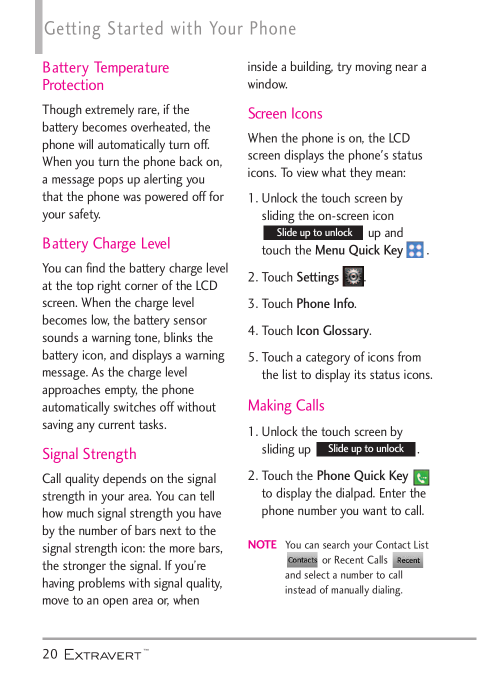 Battery temperature protection, Battery charge level, Signal strength | Screen icons, Making calls, Getting started with your phone | LG VN271 User Manual | Page 22 / 270