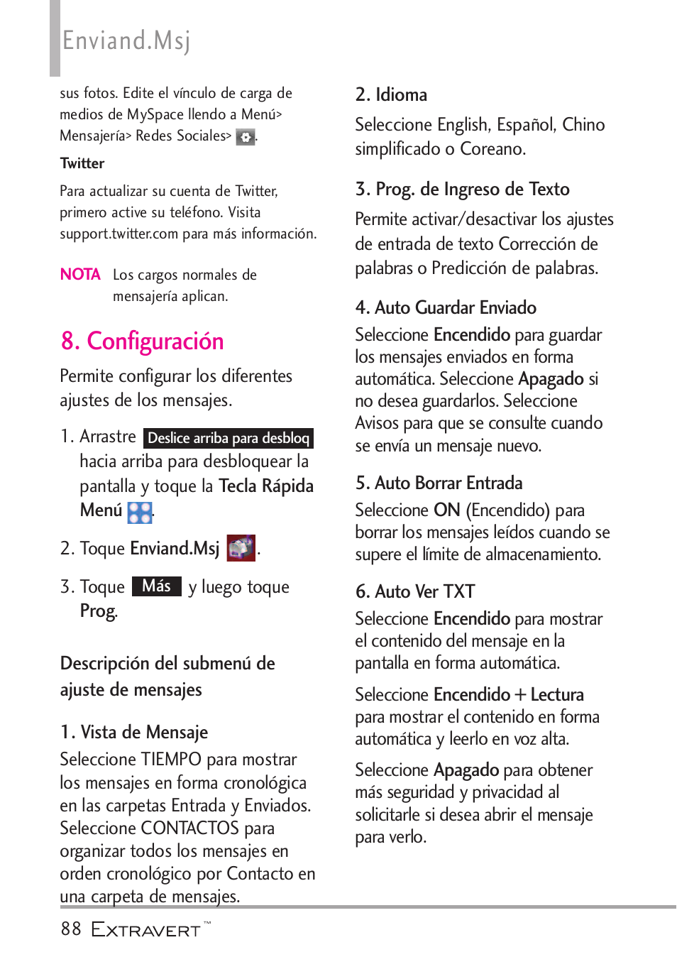 Configuraci, Descripci? del submen?de, Configuración | Descripción del submenú de ajuste de mensajes, Enviand.msj | LG VN271 User Manual | Page 220 / 270