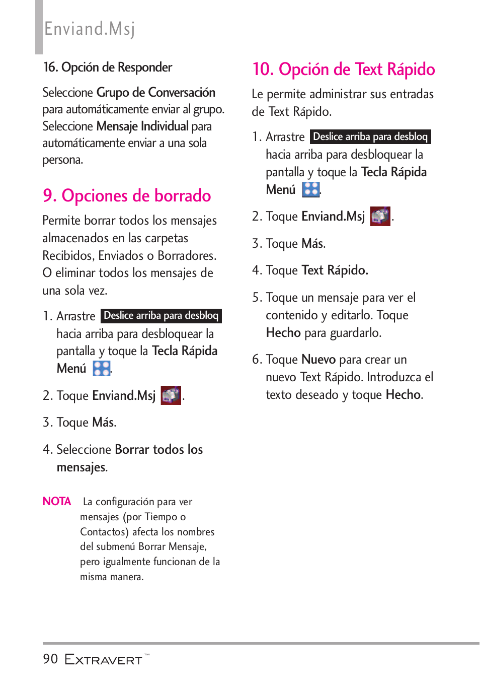 Opciones de borrado, Opci? de text r?ido, Opciones de borrado 10. opción de text rápido | Enviand.msj, Opción de text rápido | LG VN271 User Manual | Page 222 / 270