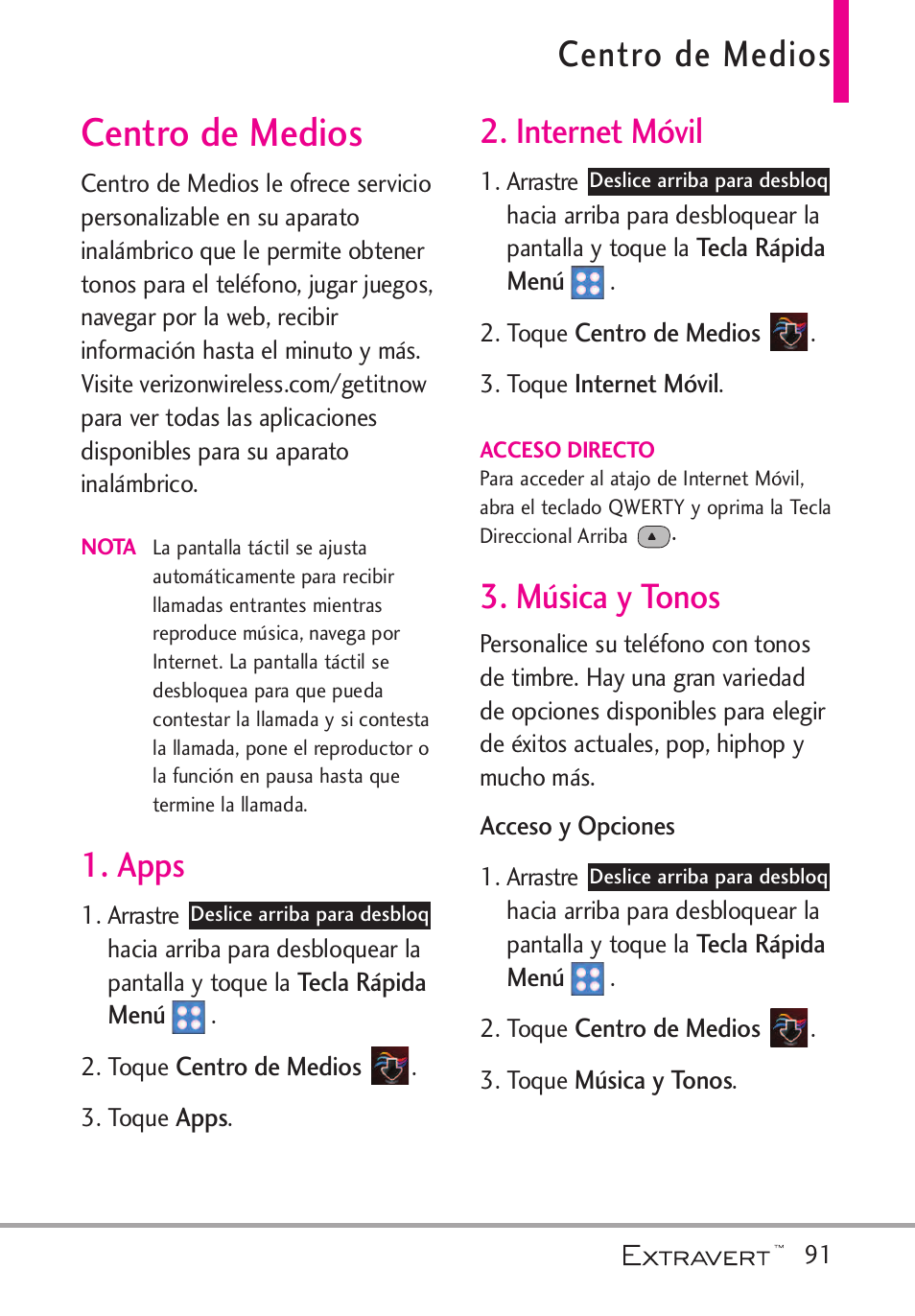 Centro de medios, Apps, Internet m?il | M?ica y tonos, Apps 2. internet móvil 3. música y tonos, Internet móvil, Música y tonos | LG VN271 User Manual | Page 223 / 270