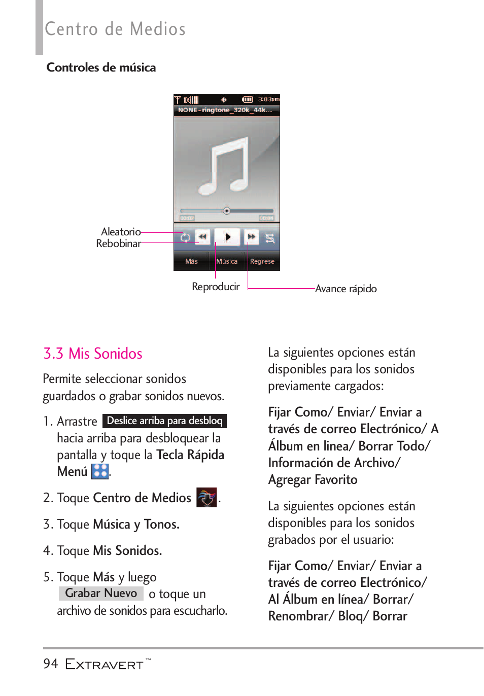 3 mis sonidos, Centro de medios | LG VN271 User Manual | Page 226 / 270