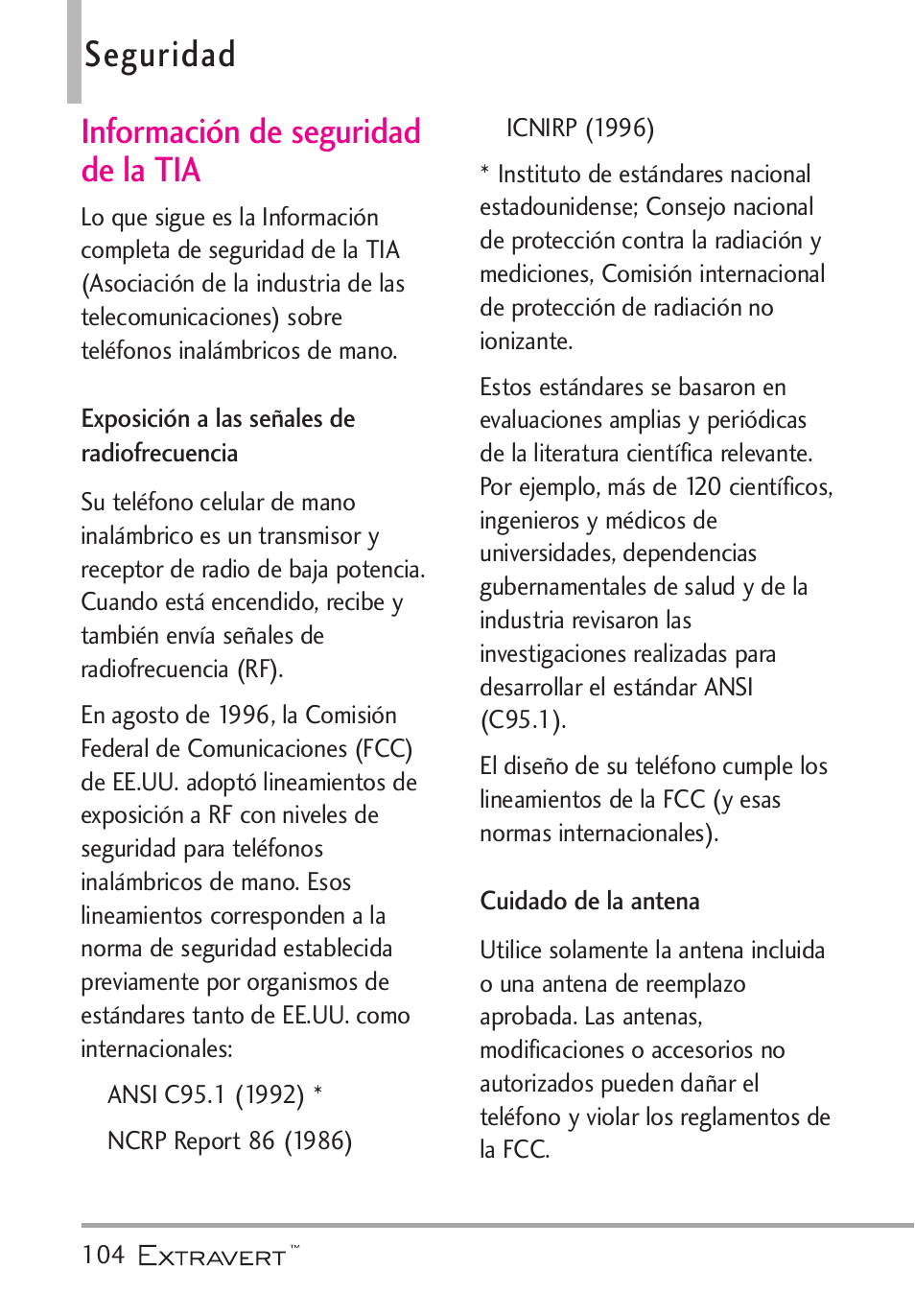 Seguridad, Informaci? de seguridad de, Exposici? a las se?les de | Cuidado de la antena, Información de seguridad de la tia | LG VN271 User Manual | Page 236 / 270