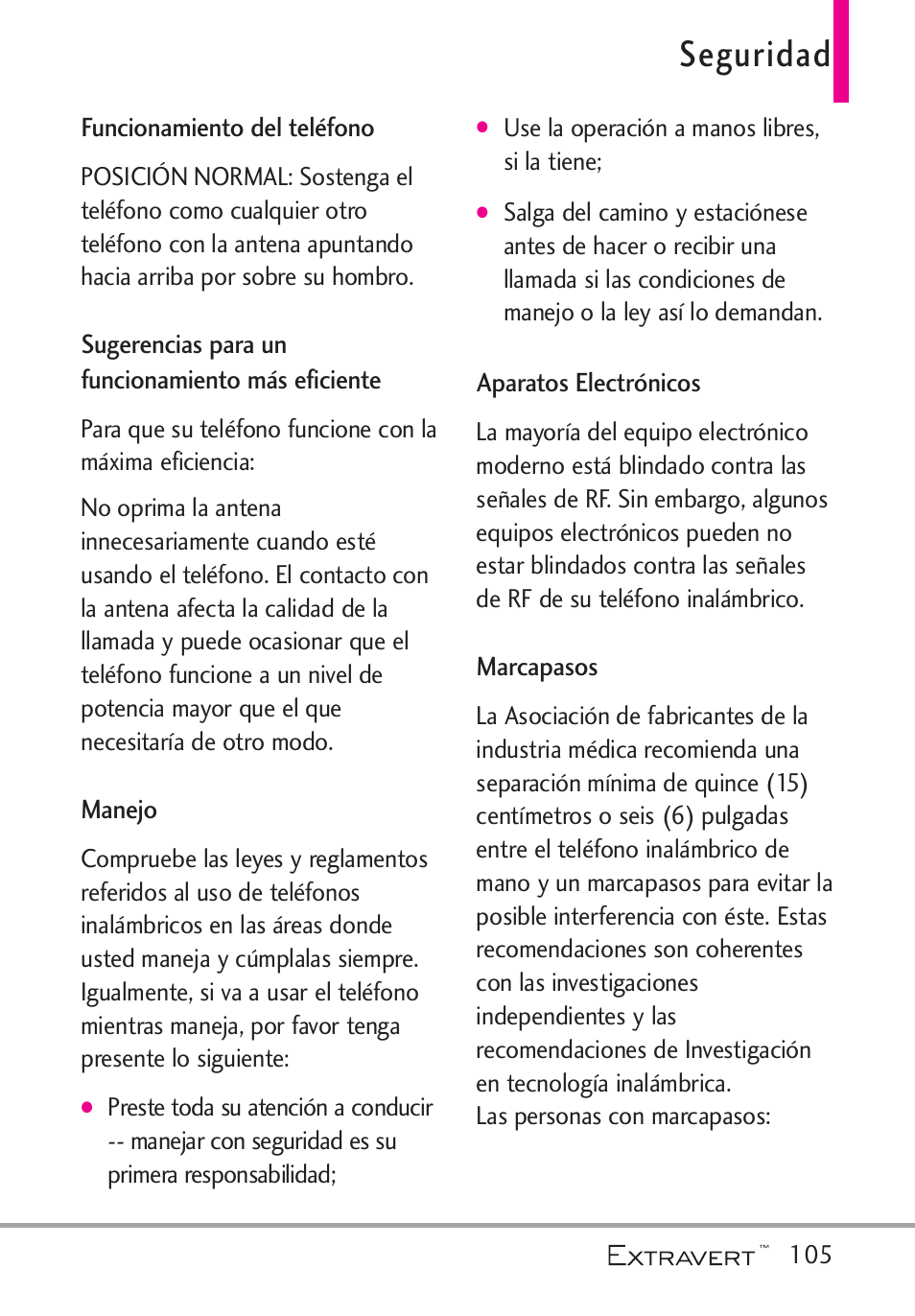 Funcionamiento del tel?ono, Sugerencias para un funciona, Manejo | Aparatos electr?icos, Marcapasos, Seguridad | LG VN271 User Manual | Page 237 / 270