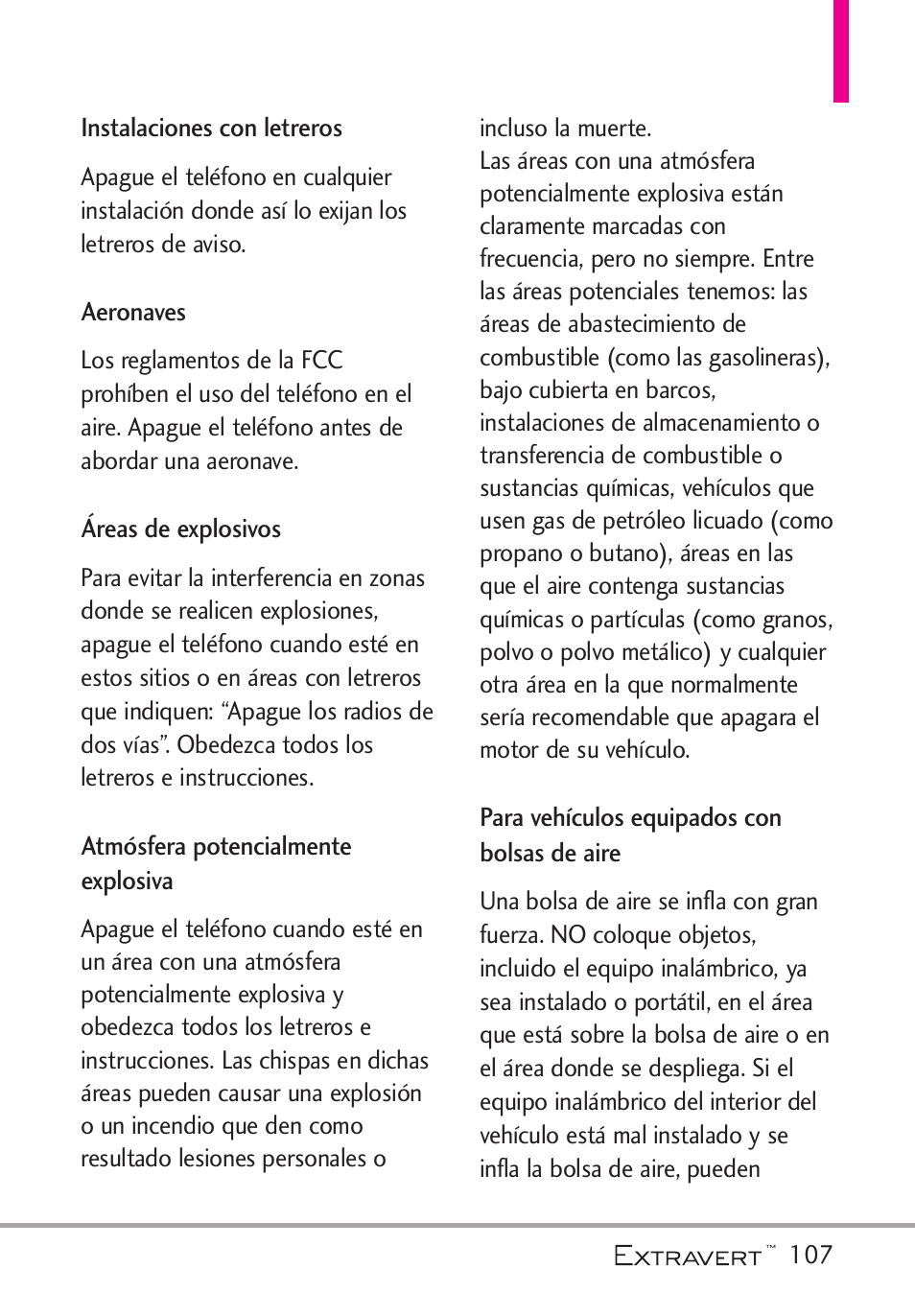 Instalaciones con letreros, Aeronaves, Eas de explosivos | Atm?fera potencialmente ex, Para veh?ulos equipados con | LG VN271 User Manual | Page 239 / 270