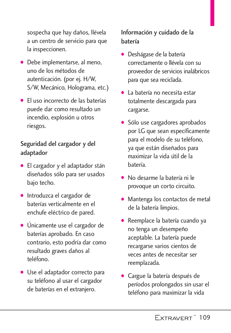 Seguridad del cargador y del, Informaci? y cuidado de la, Seguridad del cargador y del adaptador | Información y cuidado de la batería | LG VN271 User Manual | Page 241 / 270