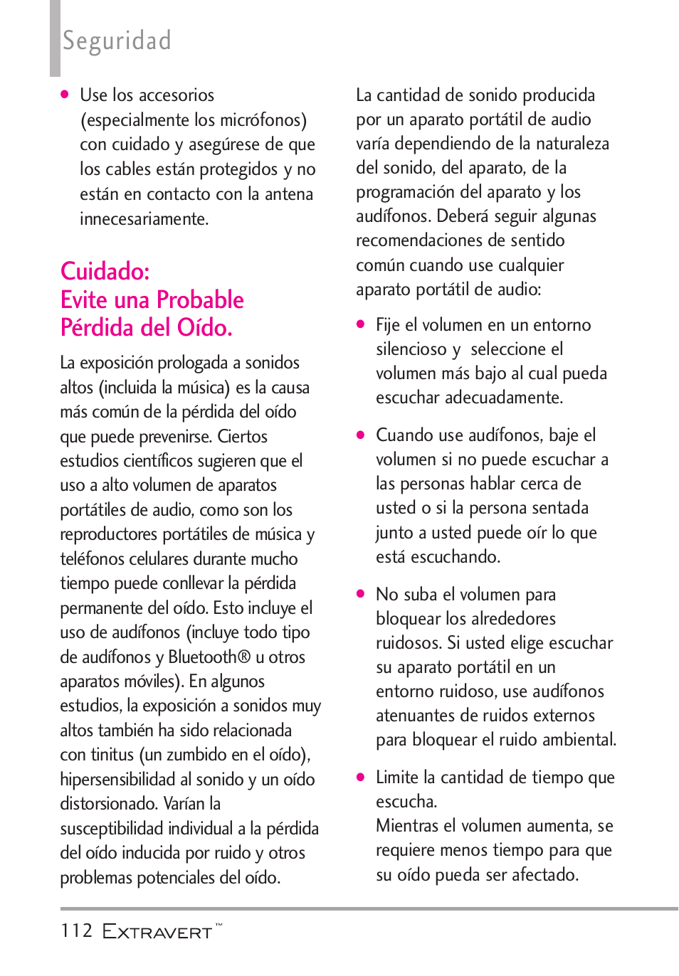 Cuidado: evite una probable, Cuidado: evite una probable pérdida del oído, Seguridad | LG VN271 User Manual | Page 244 / 270