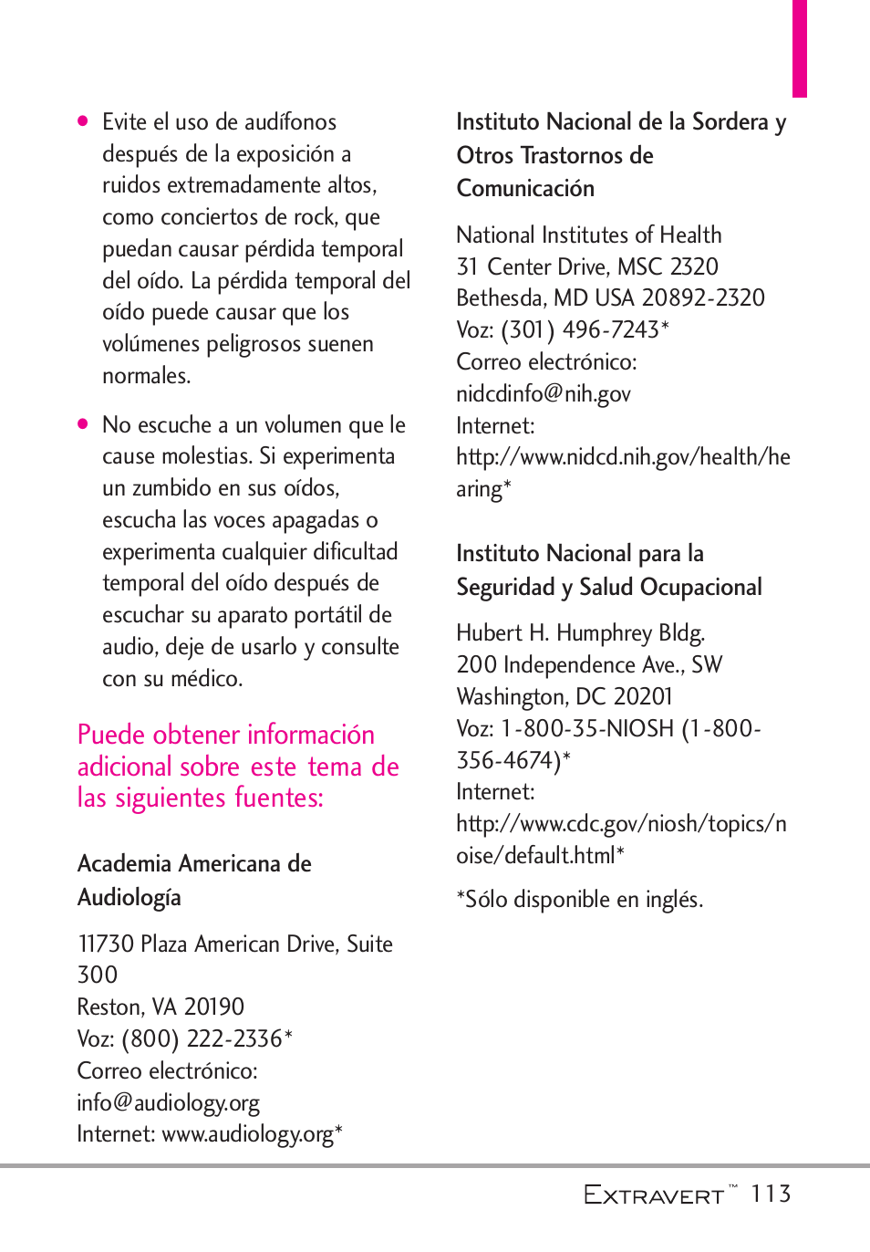 Puede obtener informaci? ad, Academia americana de audiol, Instituto nacional de la sor | Instituto nacional para la s | LG VN271 User Manual | Page 245 / 270