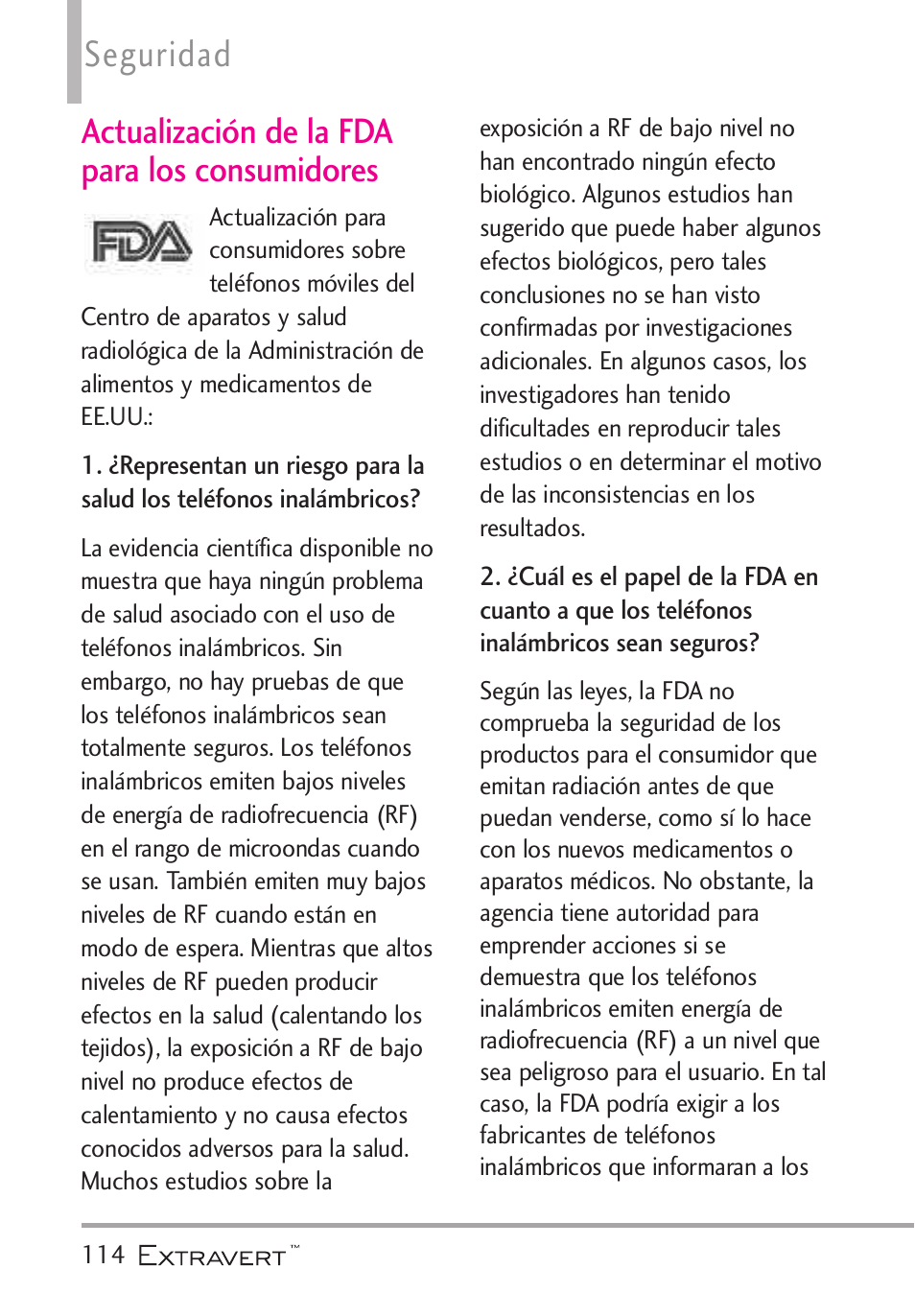 Actualizaci? de la fda para, Actualización de la fda para los consumidores, Seguridad | LG VN271 User Manual | Page 246 / 270