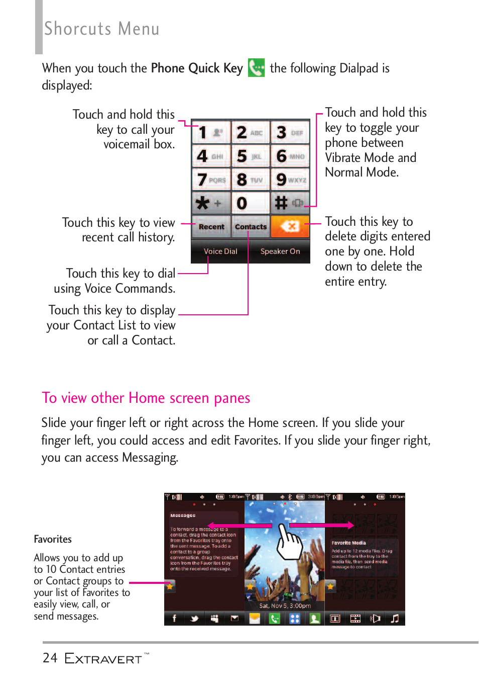 Shorcuts menu | LG VN271 User Manual | Page 26 / 270