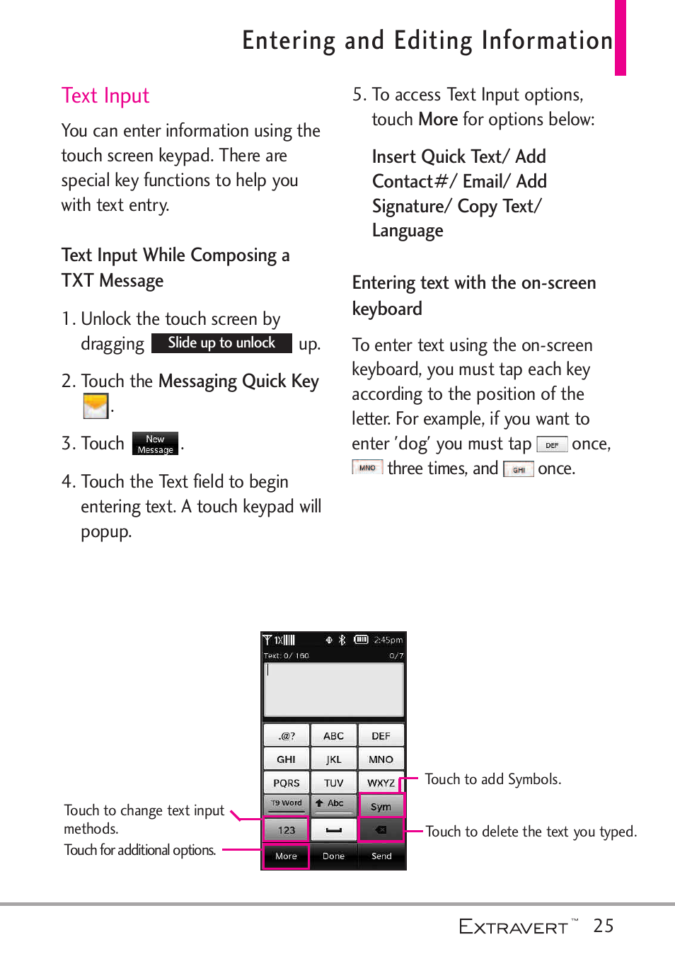 Entering and editing informa, Entering and editing information, Text input | LG VN271 User Manual | Page 27 / 270