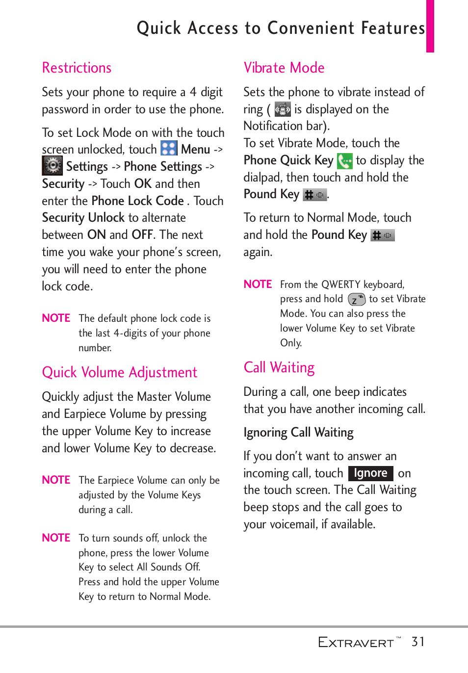 Quick access to convenient f, Restrictions, Quick volume adjustment | Vibrate mode, Call waiting, Quick access to convenient features | LG VN271 User Manual | Page 33 / 270