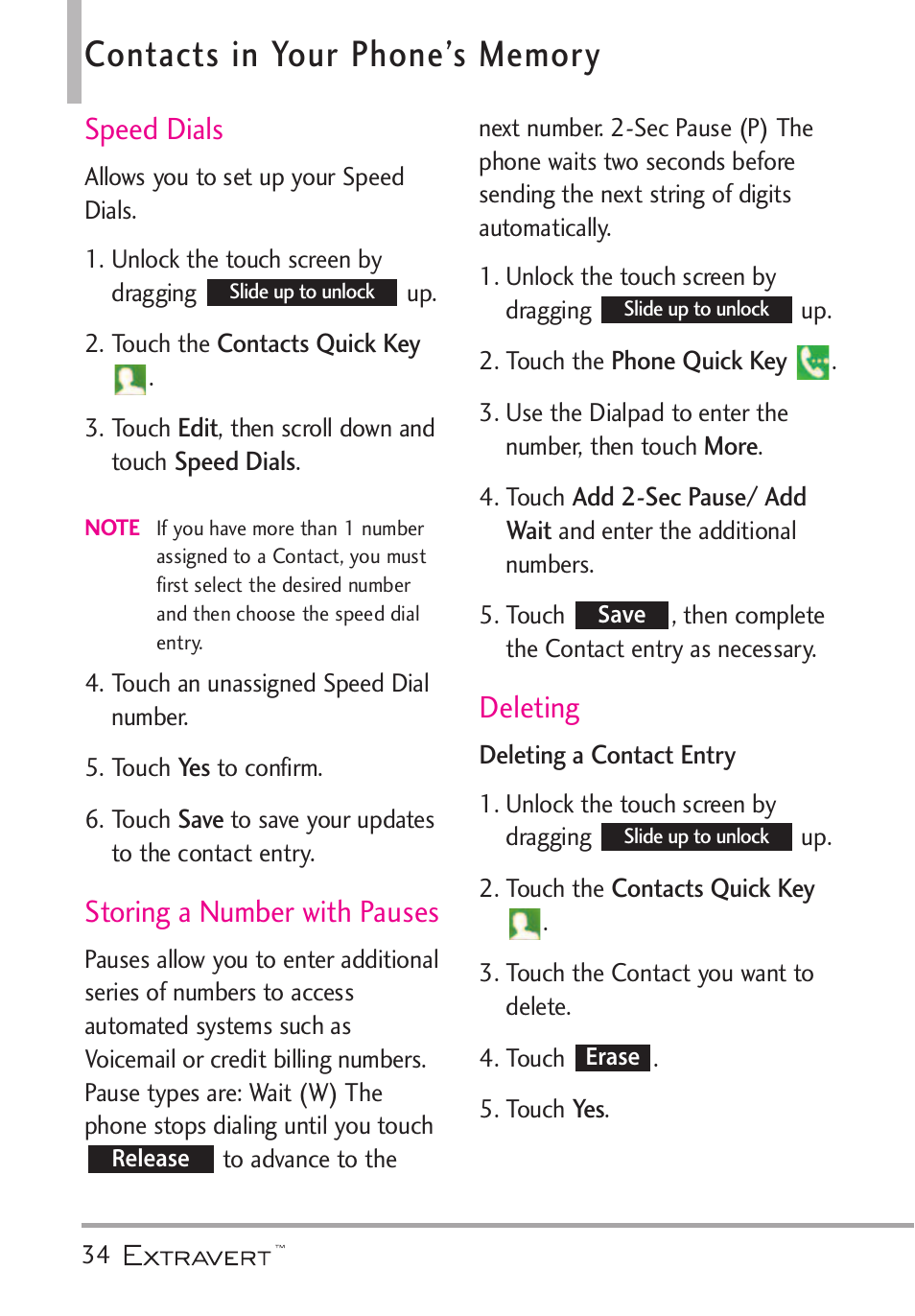 Contacts in your phone? memory, Speed dials, Storing a number with pauses | Deleting, Contacts in your phone’s memory | LG VN271 User Manual | Page 36 / 270