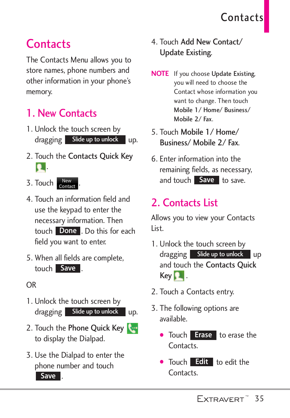 Contacts, New contacts, Contacts list | LG VN271 User Manual | Page 37 / 270