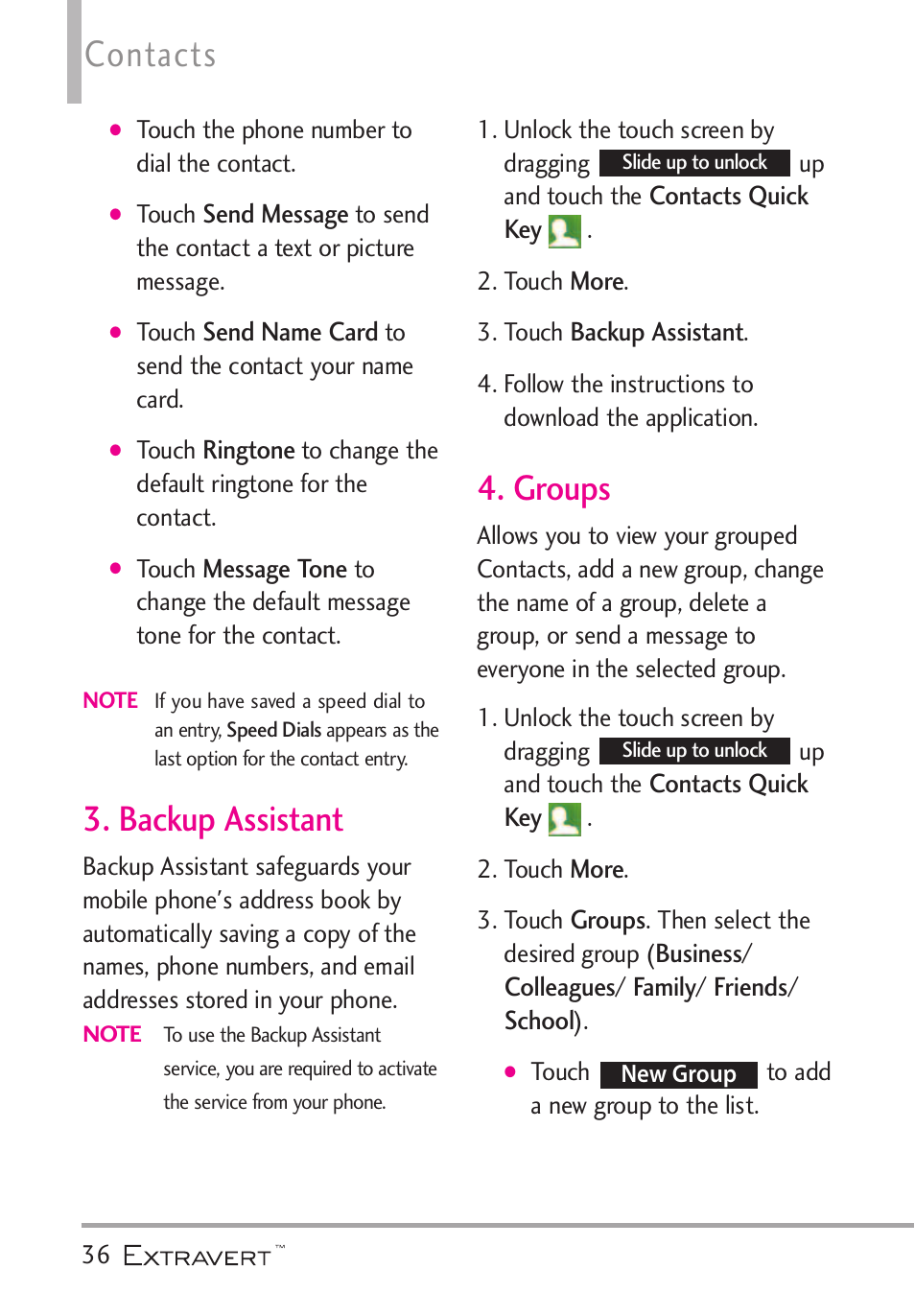 Backup assistant, Groups, Backup assistant 4. groups | Contacts | LG VN271 User Manual | Page 38 / 270