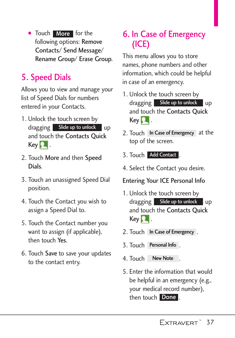 Speed dials, In case of emergency (ice), Speed dials 6. in case of emergency (ice) .37 | LG VN271 User Manual | Page 39 / 270