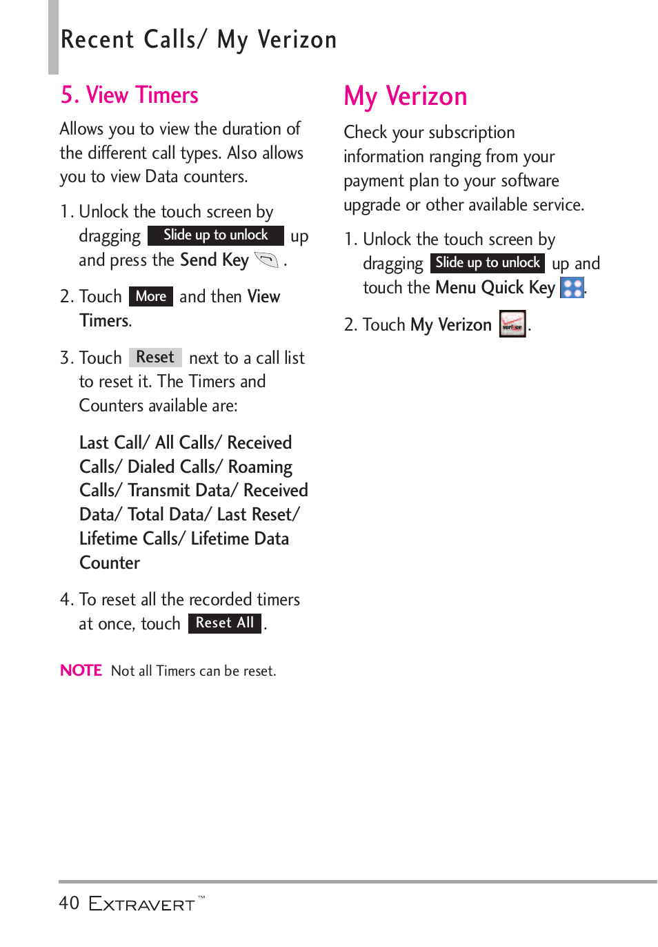 View timers, My verizon, Recent calls/ my verizon | LG VN271 User Manual | Page 42 / 270