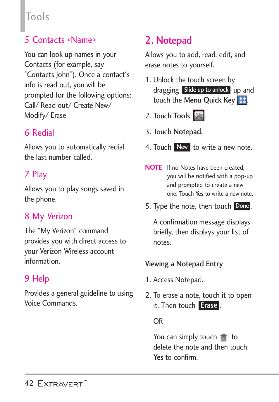 5 contacts <name, 6 redial, 7 play | 8 my verizon, 9 help, Notepad, Viewing a notepad entry, Tools | LG VN271 User Manual | Page 44 / 270