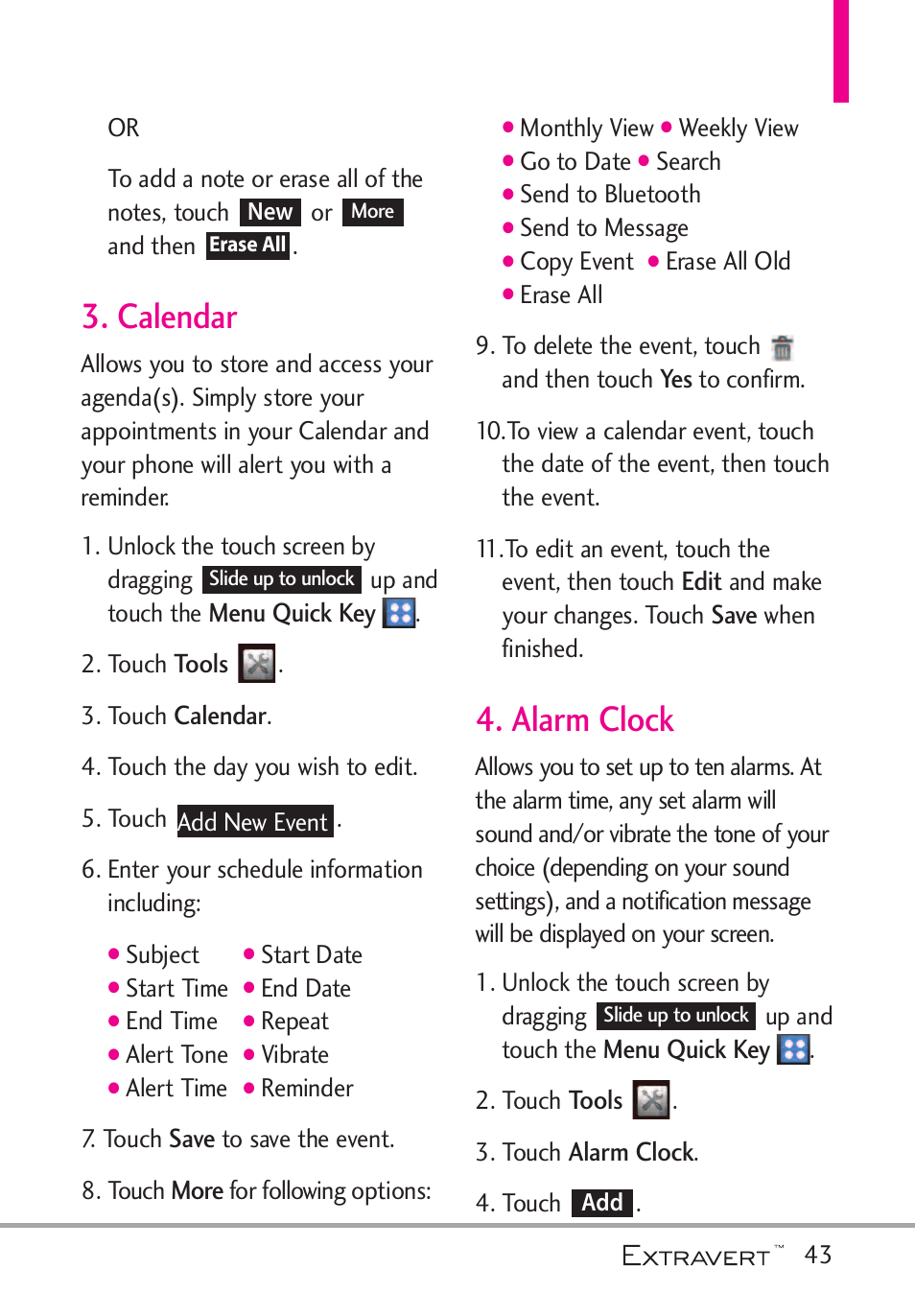 Calendar, Alarm clock, Calendar 4. alarm clock | LG VN271 User Manual | Page 45 / 270