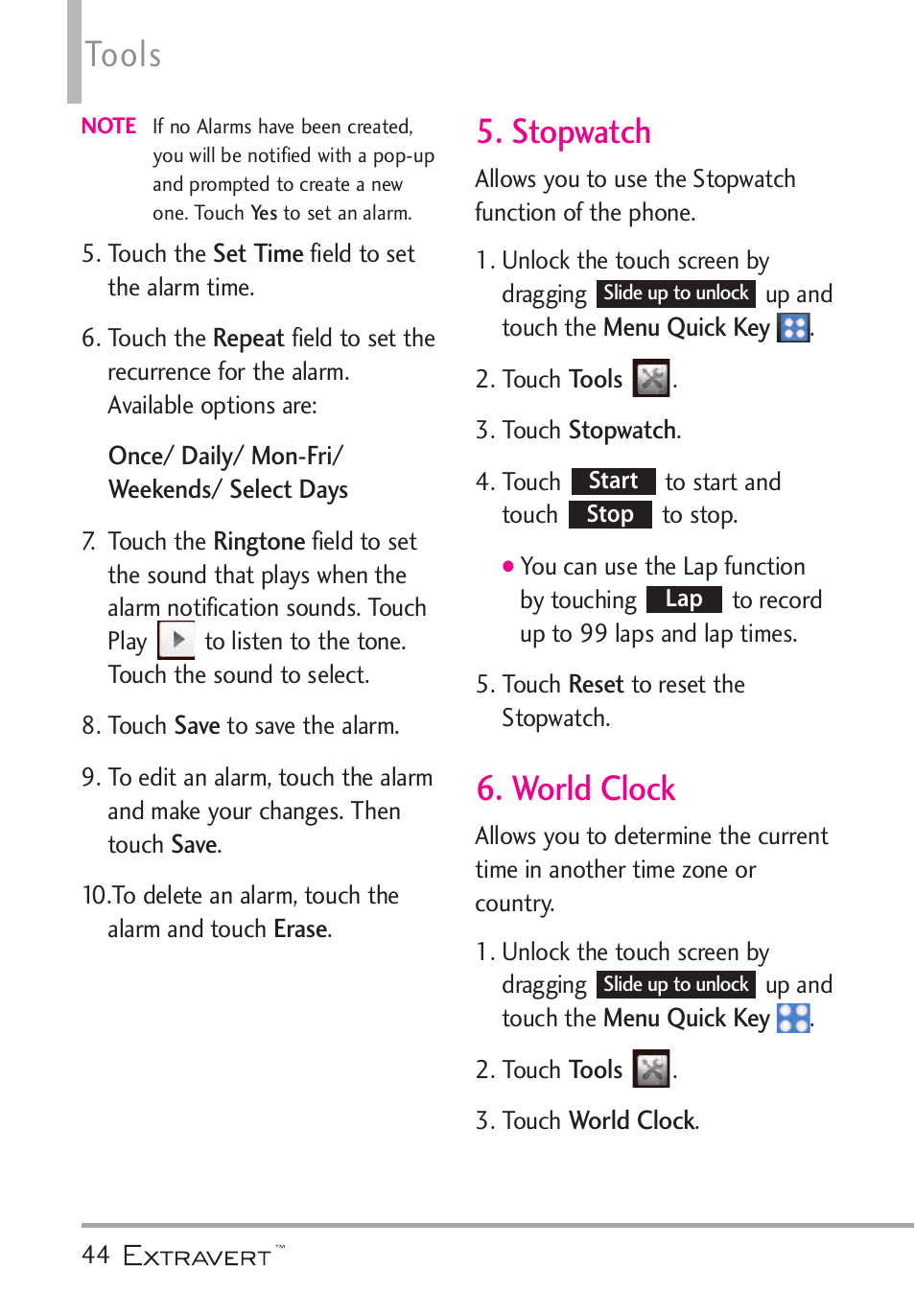 Stopwatch, World clock, Stopwatch 6. world clock | Tools | LG VN271 User Manual | Page 46 / 270