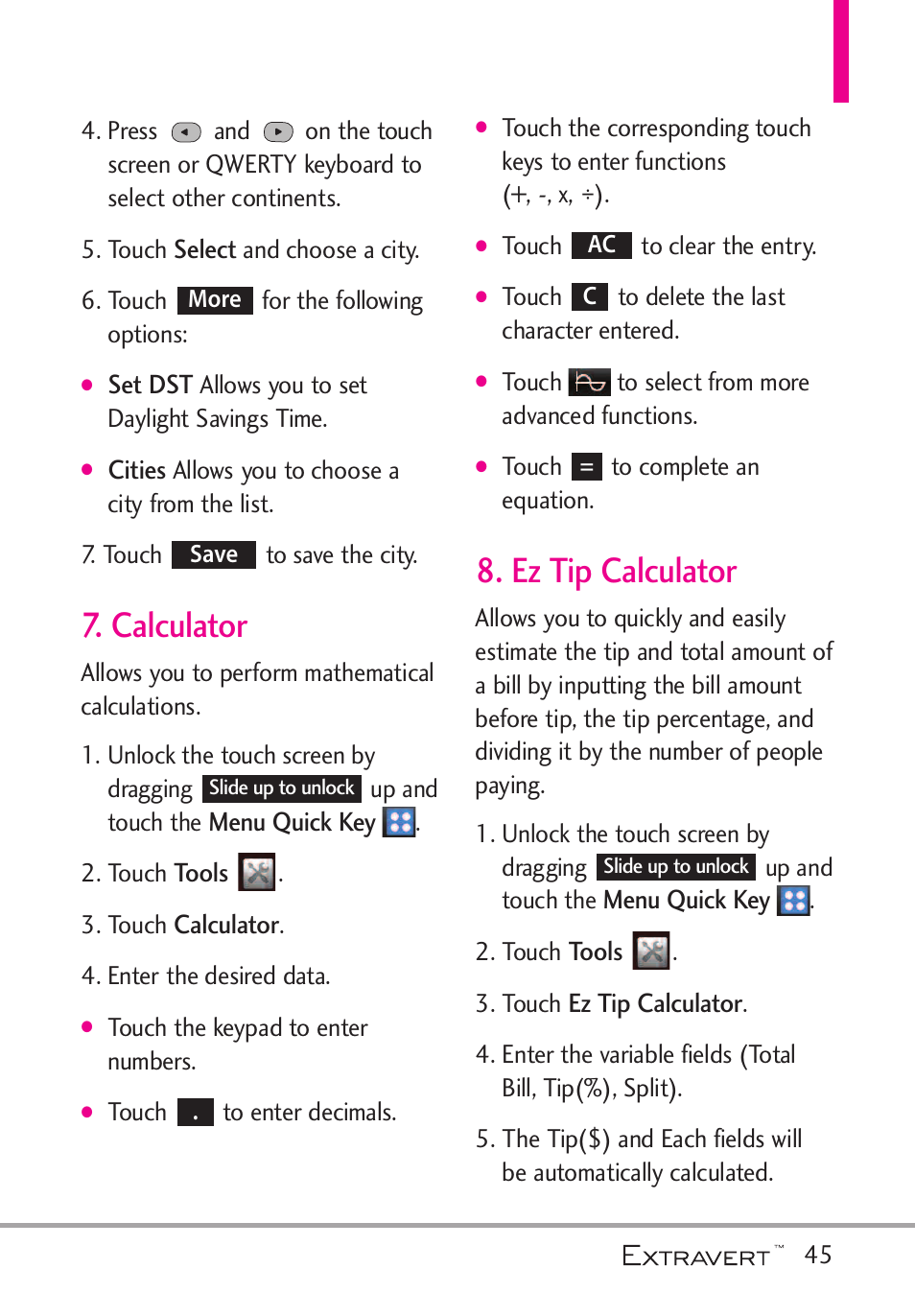 Calculator, Ez tip calculator | LG VN271 User Manual | Page 47 / 270